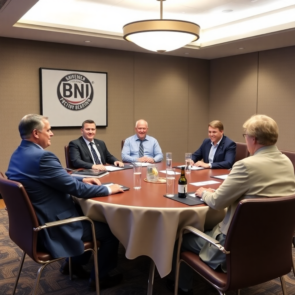 BNI chapter meeting in progress with members sitting around conference table, professional business environment, networking atmosphere
