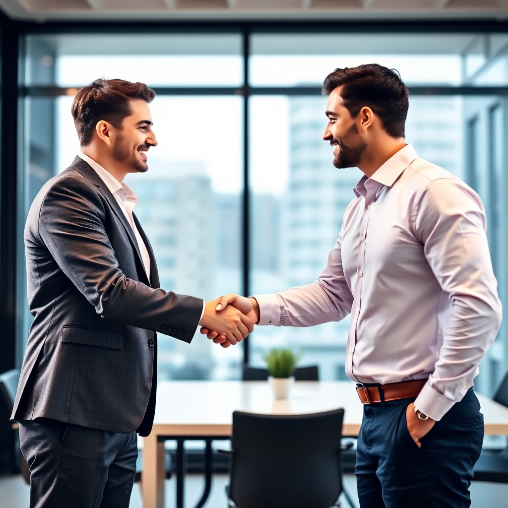 professional business handshake between two business people in modern office, successful deal celebration, corporate partnership