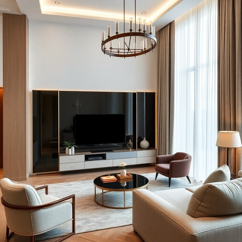 elegant interior design showcase of luxury apartment with modern furniture and professional designer, high-end residential project