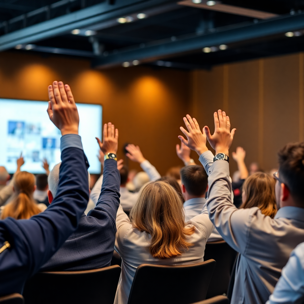 business meeting with members raising hands, voting or participation, engaged audience, democratic process