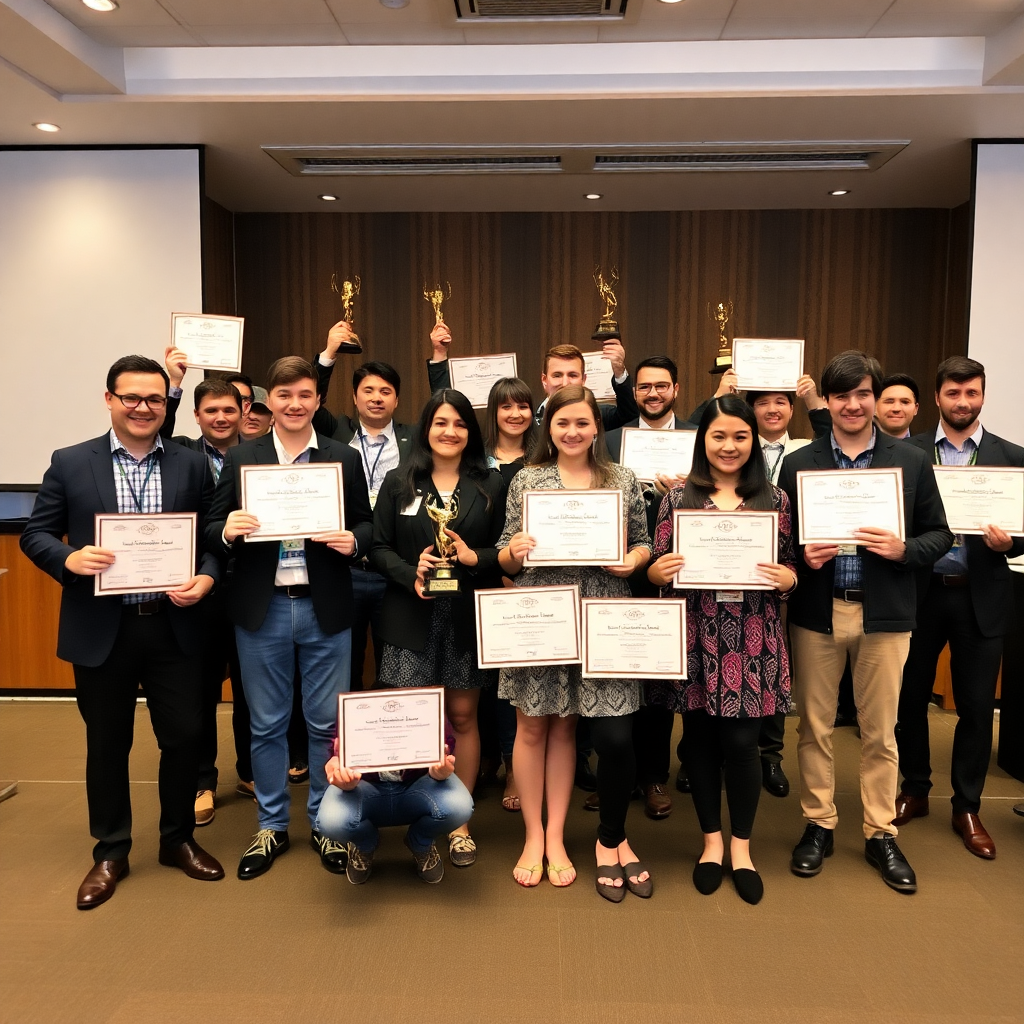 group photo of award winners holding certificates and trophies, celebration atmosphere, achievement recognition