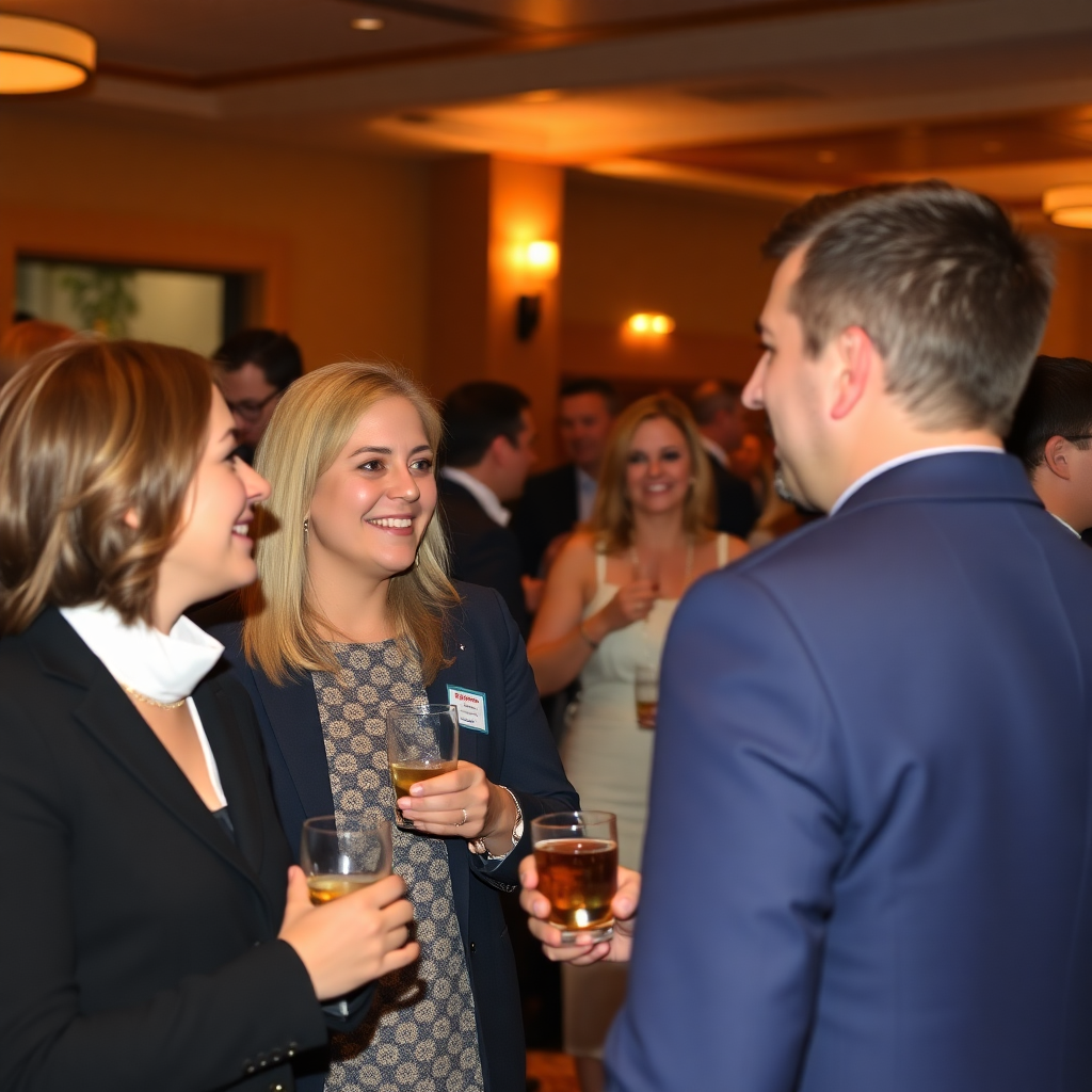 business professionals at evening networking event, cocktail setting, casual conversations, social atmosphere
