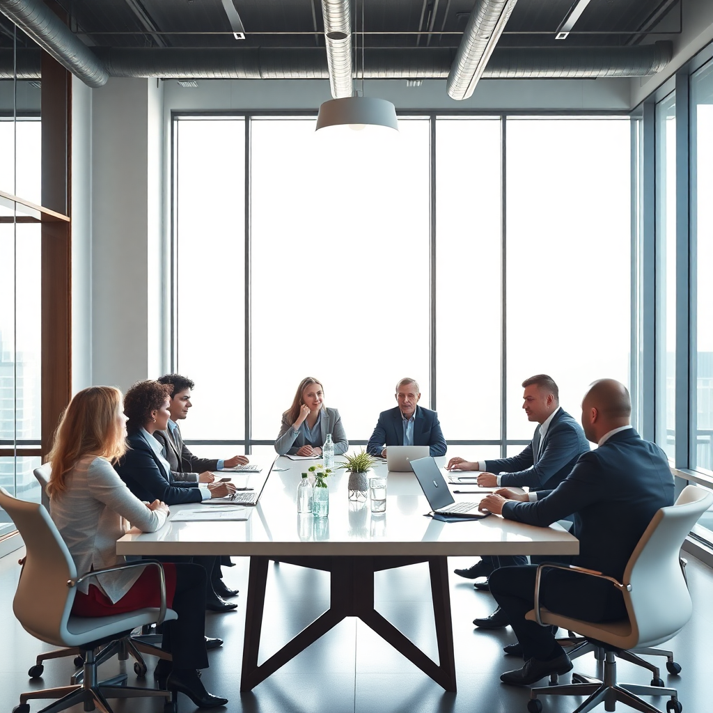 professional business meeting with people sitting around conference table, bright modern room, networking atmosphere