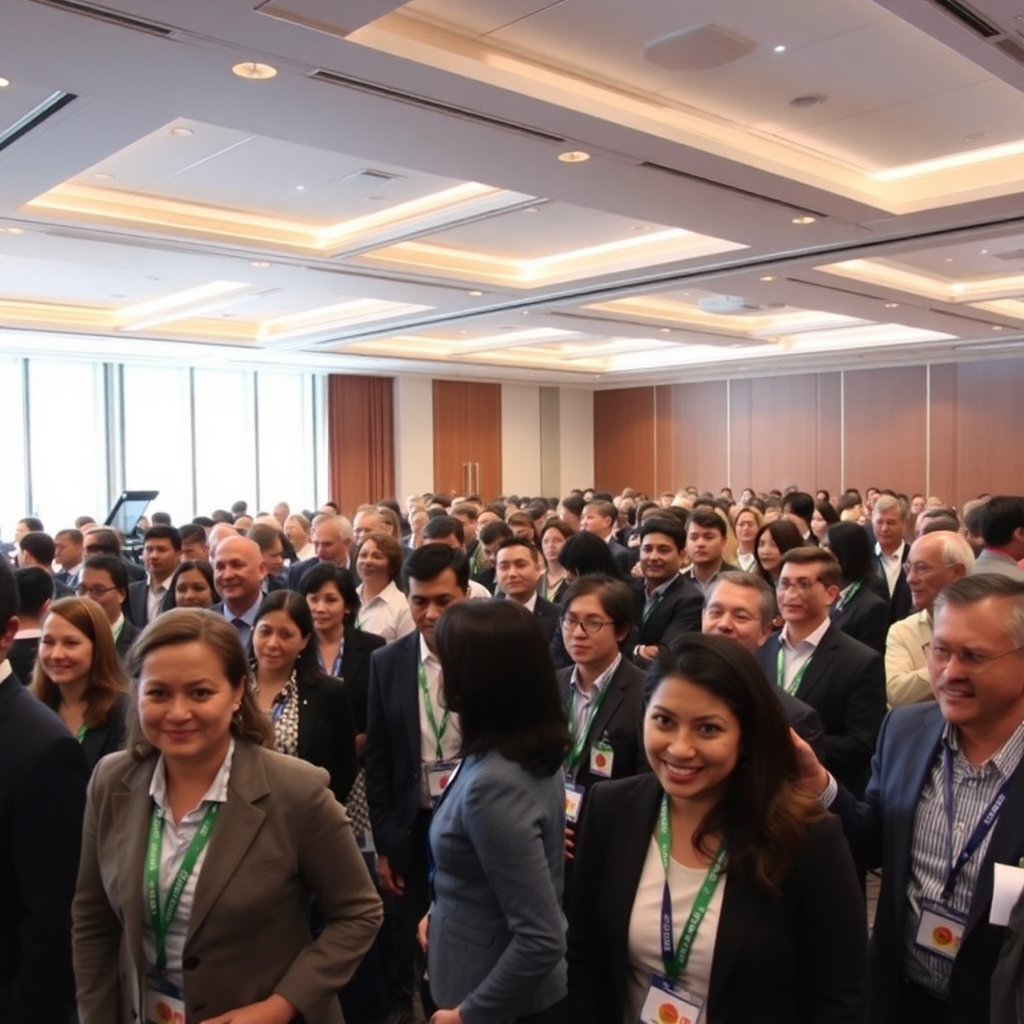 large group photo of business professionals in conference room, diverse crowd, welcoming atmosphere, visitor day event