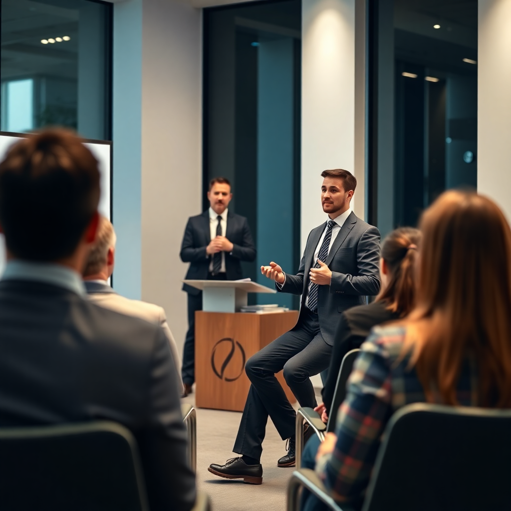 business professional giving presentation to seated audience, modern meeting room, professional setting