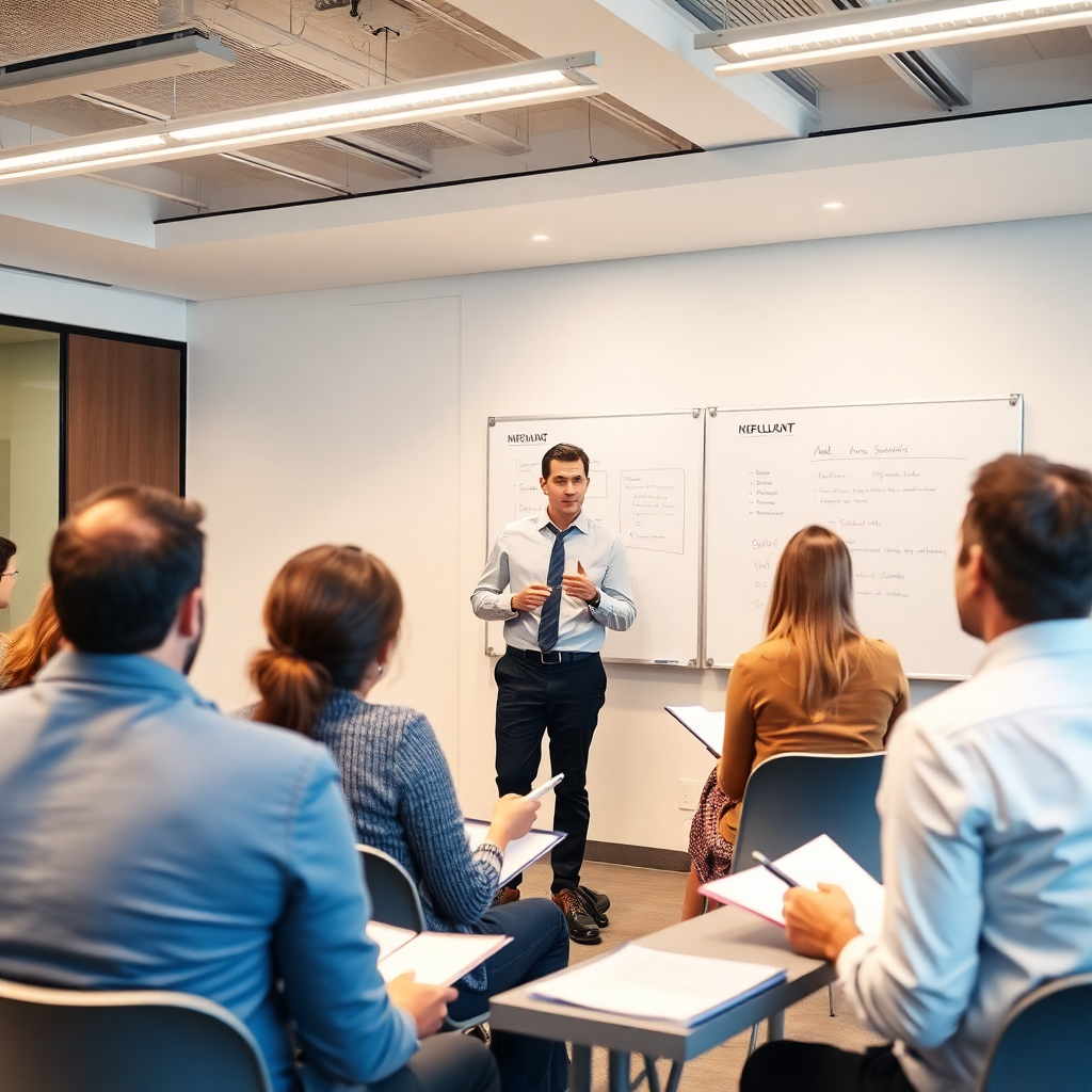 business training workshop with participants taking notes, professional trainer at whiteboard, learning environment