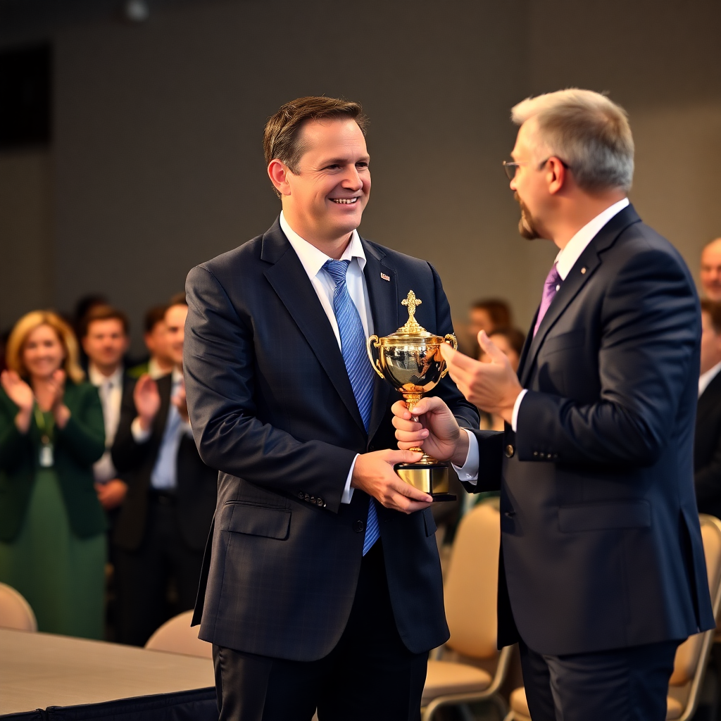 award ceremony with business professional receiving trophy, applauding audience, recognition event, formal setting