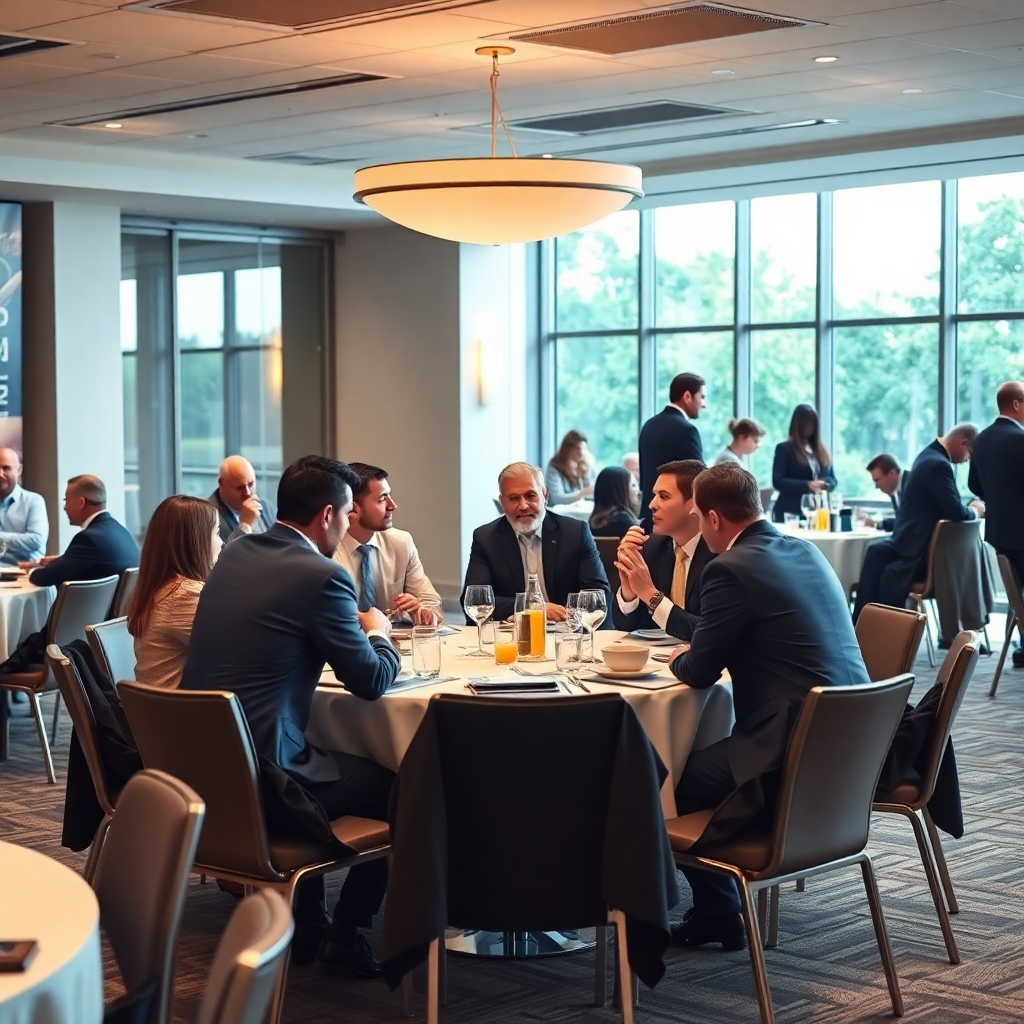 business networking breakfast with professionals eating and talking, round tables, morning meeting atmosphere
