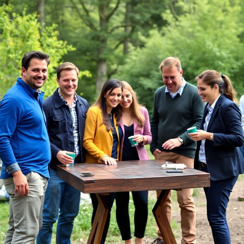 business professionals at outdoor team building event, casual setting, team activities, group bonding