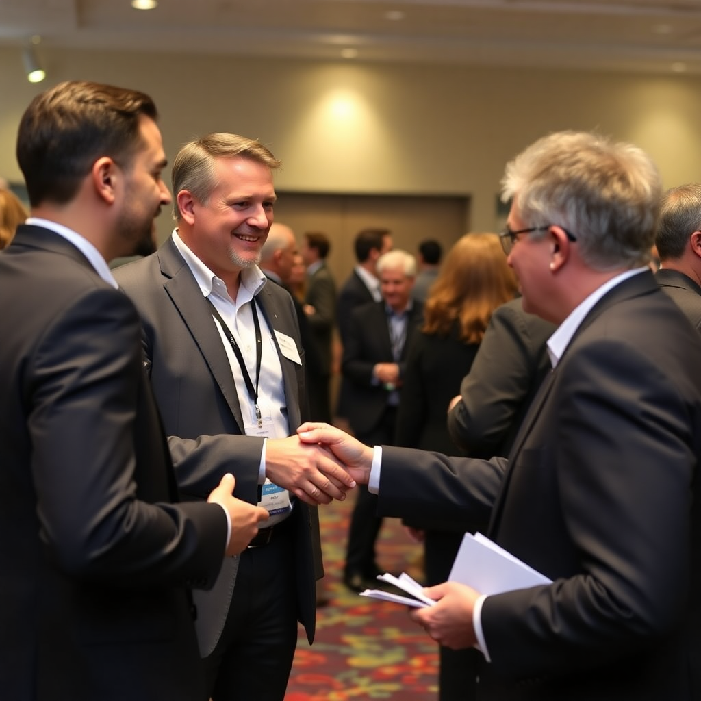 business professionals networking and exchanging business cards, visitor event, handshakes and conversations