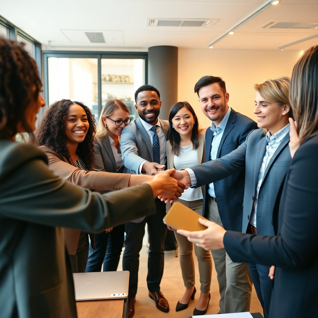 professional business success celebration with diverse group of professionals shaking hands and celebrating deals, modern office environment, bright lighting