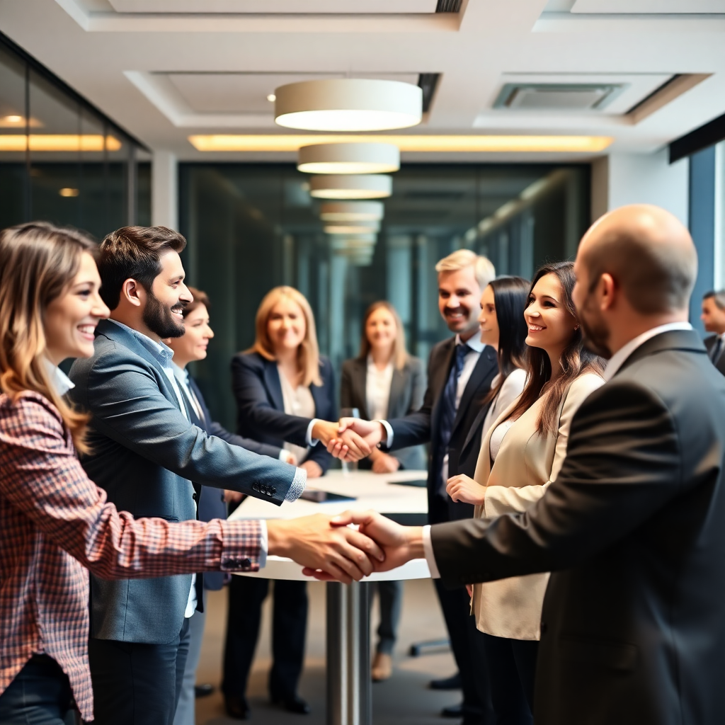 professional business networking meeting with diverse group of people shaking hands, welcoming atmosphere, bright modern conference room, smiling business professionals