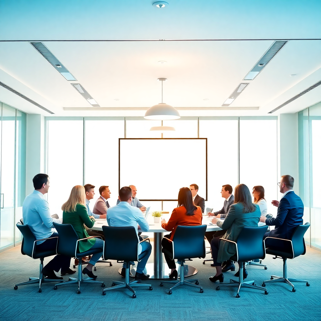 professional business networking meeting with diverse group of people in modern conference room, bright and welcoming atmosphere